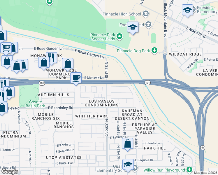 map of restaurants, bars, coffee shops, grocery stores, and more near 20417 North 31st Way in Phoenix