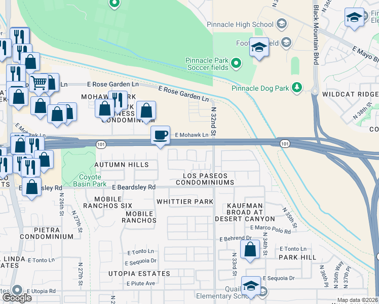 map of restaurants, bars, coffee shops, grocery stores, and more near 20414 North 31st Place in Phoenix