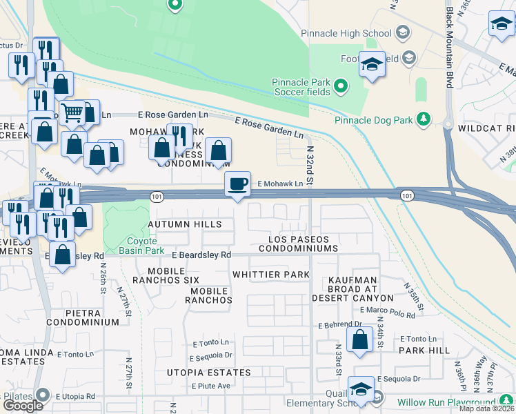 map of restaurants, bars, coffee shops, grocery stores, and more near 20404 North 30th Way in Phoenix