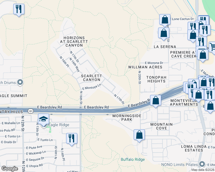 map of restaurants, bars, coffee shops, grocery stores, and more near 20414 North 17th Way in Phoenix