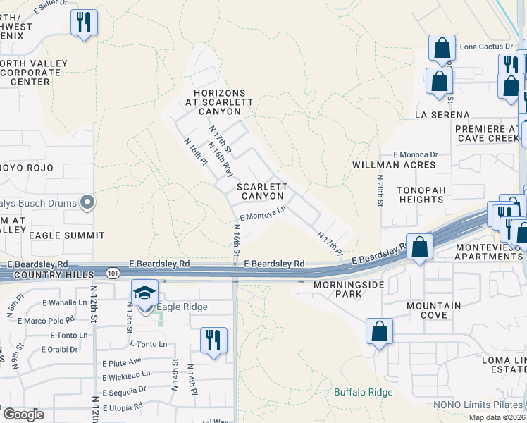 map of restaurants, bars, coffee shops, grocery stores, and more near 1634 East Montoya Lane in Phoenix