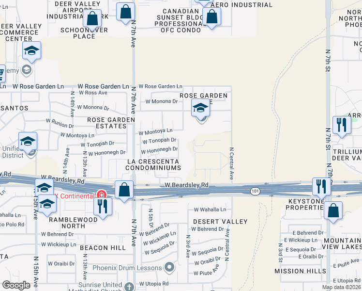 map of restaurants, bars, coffee shops, grocery stores, and more near 20401 North 3rd Drive in Phoenix