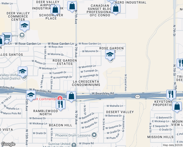 map of restaurants, bars, coffee shops, grocery stores, and more near 502 West Hononegh Drive in Phoenix