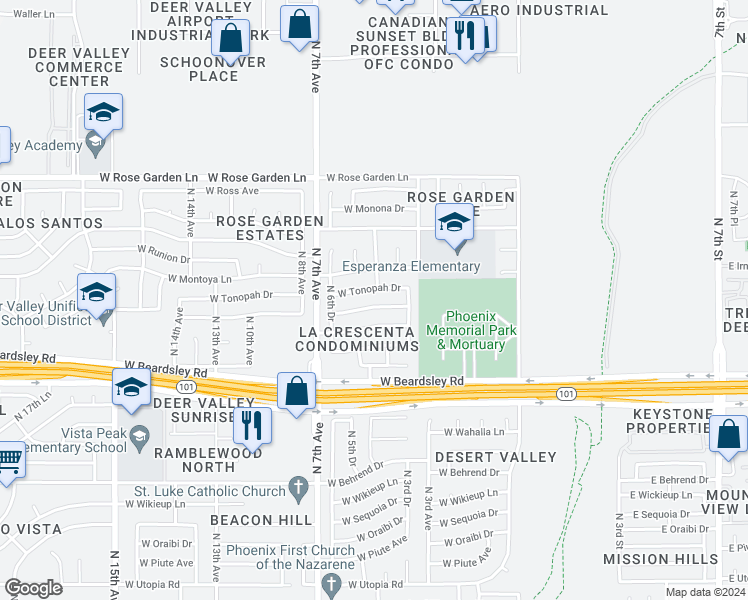 map of restaurants, bars, coffee shops, grocery stores, and more near 502 West Hononegh Drive in Phoenix