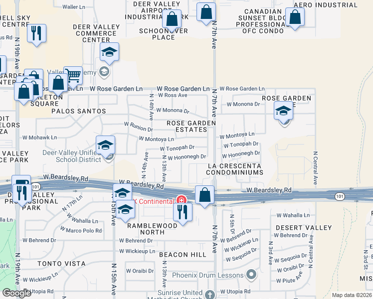 map of restaurants, bars, coffee shops, grocery stores, and more near 1007 West Tonopah Drive in Phoenix