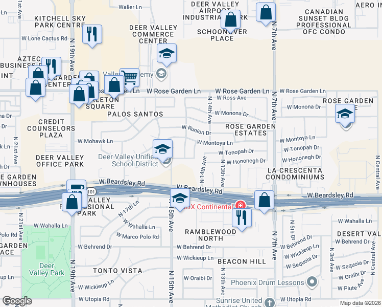 map of restaurants, bars, coffee shops, grocery stores, and more near 20426 North 14th Lane in Phoenix