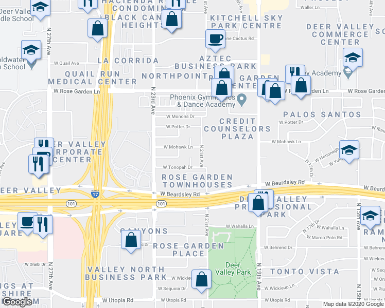 map of restaurants, bars, coffee shops, grocery stores, and more near 20429 North 21st Drive in Phoenix
