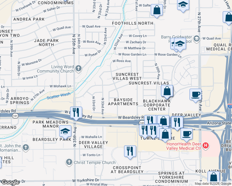 map of restaurants, bars, coffee shops, grocery stores, and more near 3241 West Runion Drive in Phoenix