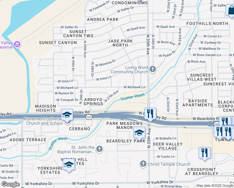 map of restaurants, bars, coffee shops, grocery stores, and more near 20459 North 37th Avenue in Glendale