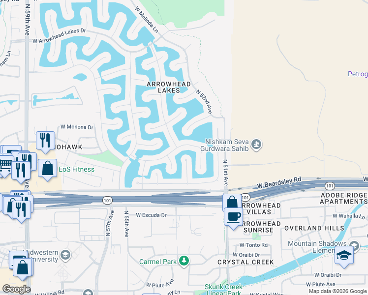 map of restaurants, bars, coffee shops, grocery stores, and more near 5239 West Tonopah Drive in Glendale