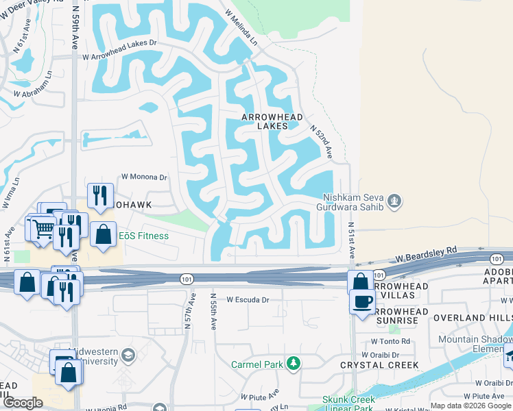 map of restaurants, bars, coffee shops, grocery stores, and more near 5471 West Mohawk Lane in Glendale