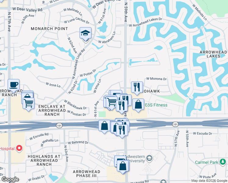 map of restaurants, bars, coffee shops, grocery stores, and more near 5920 West Tonopah Drive in Glendale
