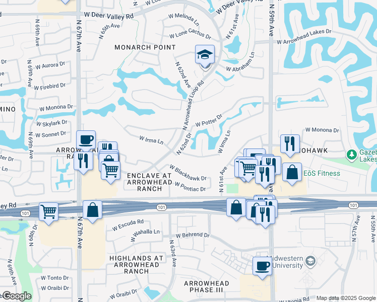 map of restaurants, bars, coffee shops, grocery stores, and more near 6234 West Irma Lane in Glendale