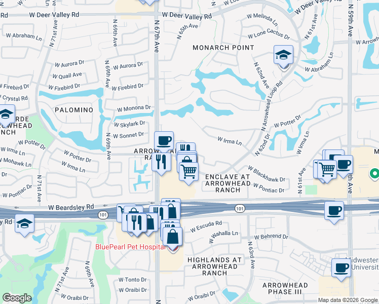 map of restaurants, bars, coffee shops, grocery stores, and more near 6509 West Tonopah Drive in Glendale