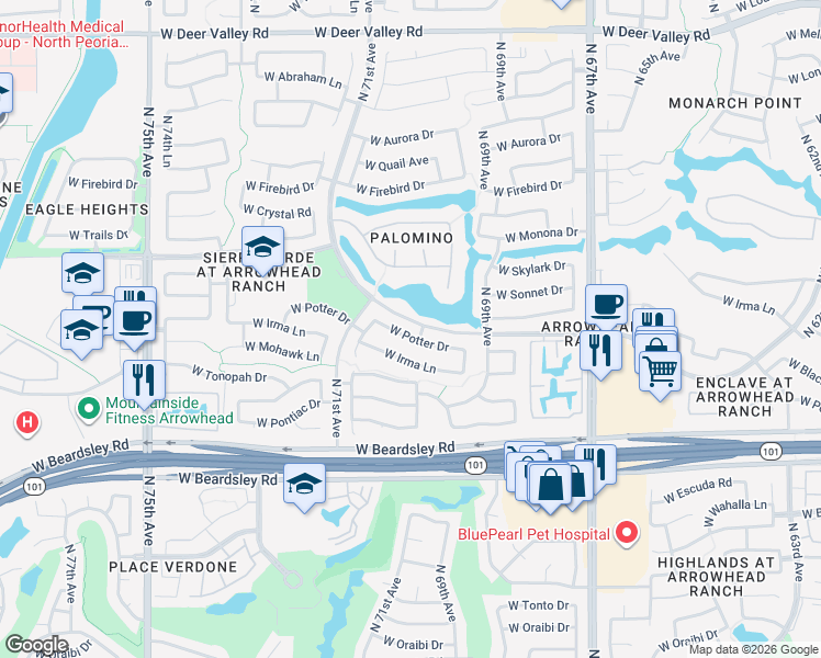 map of restaurants, bars, coffee shops, grocery stores, and more near 7016 West Potter Drive in Glendale