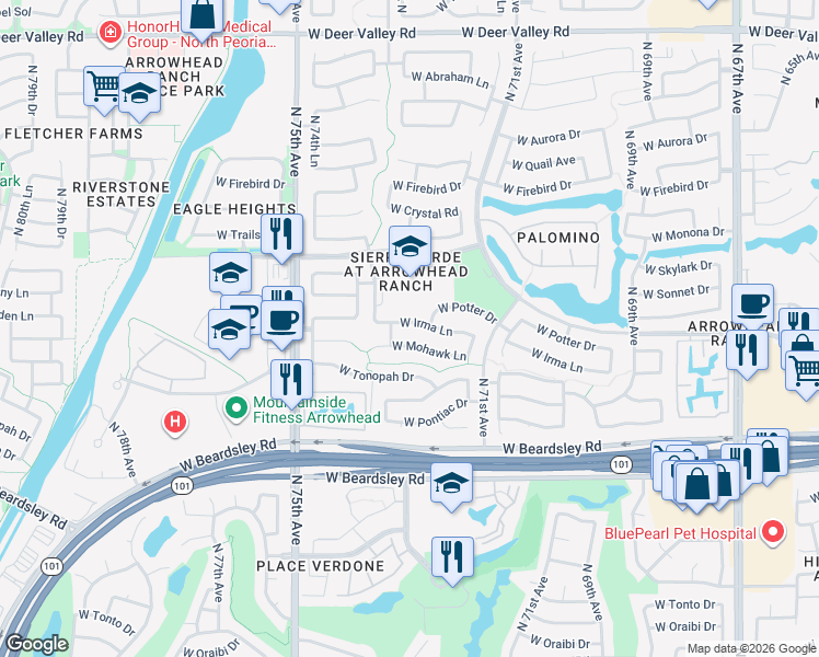 map of restaurants, bars, coffee shops, grocery stores, and more near 7223 West Irma Lane in Glendale