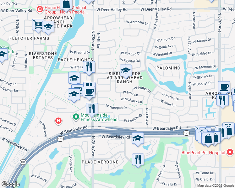 map of restaurants, bars, coffee shops, grocery stores, and more near 7223 West Irma Lane in Glendale