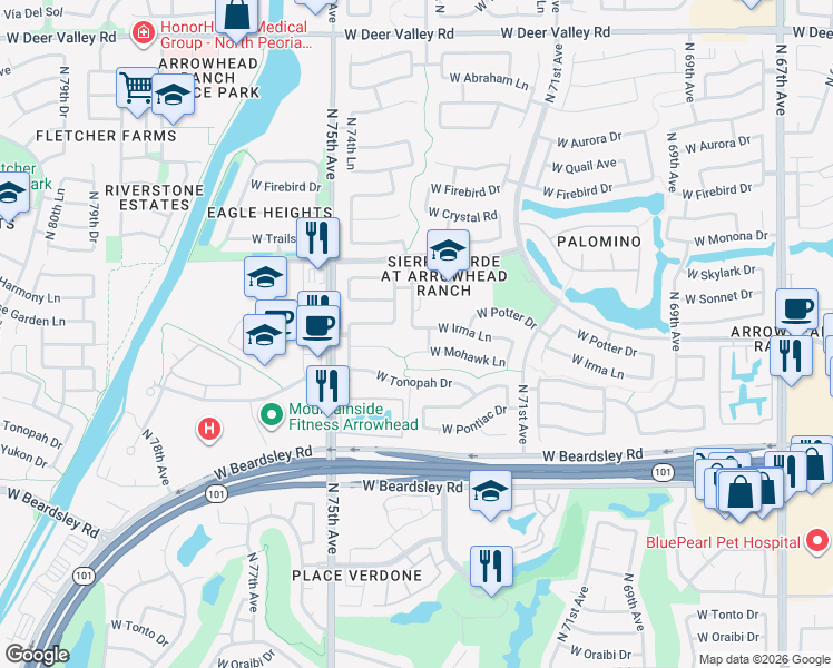 map of restaurants, bars, coffee shops, grocery stores, and more near 7223 West Irma Lane in Glendale