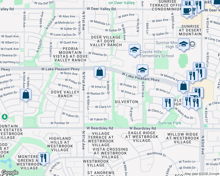 map of restaurants, bars, coffee shops, grocery stores, and more near 20587 North 89th Drive in Peoria
