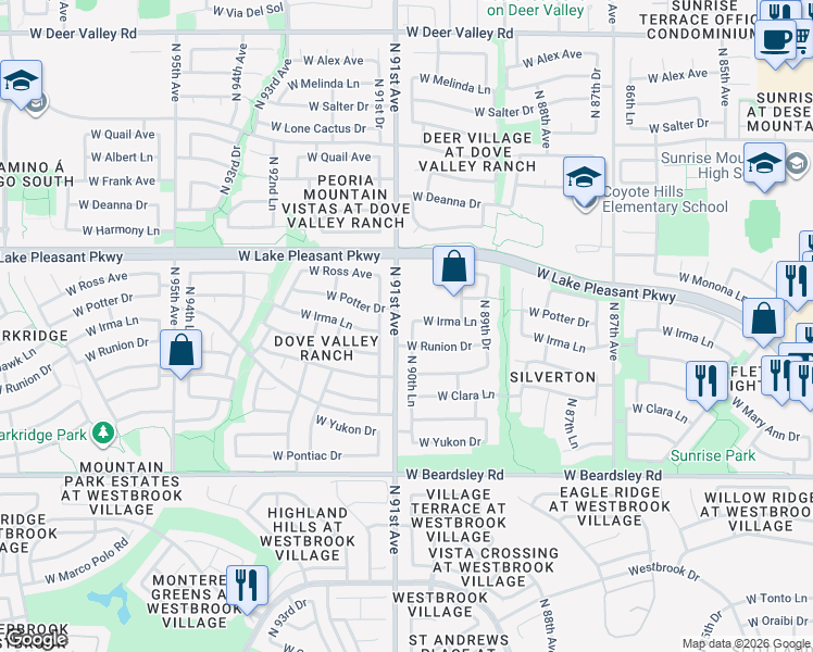 map of restaurants, bars, coffee shops, grocery stores, and more near 9069 West Irma Lane in Peoria