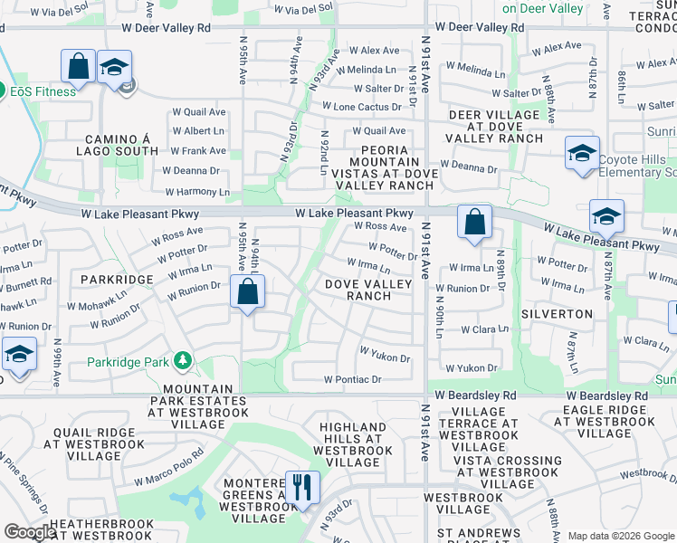 map of restaurants, bars, coffee shops, grocery stores, and more near 9320 West Runion Drive in Peoria