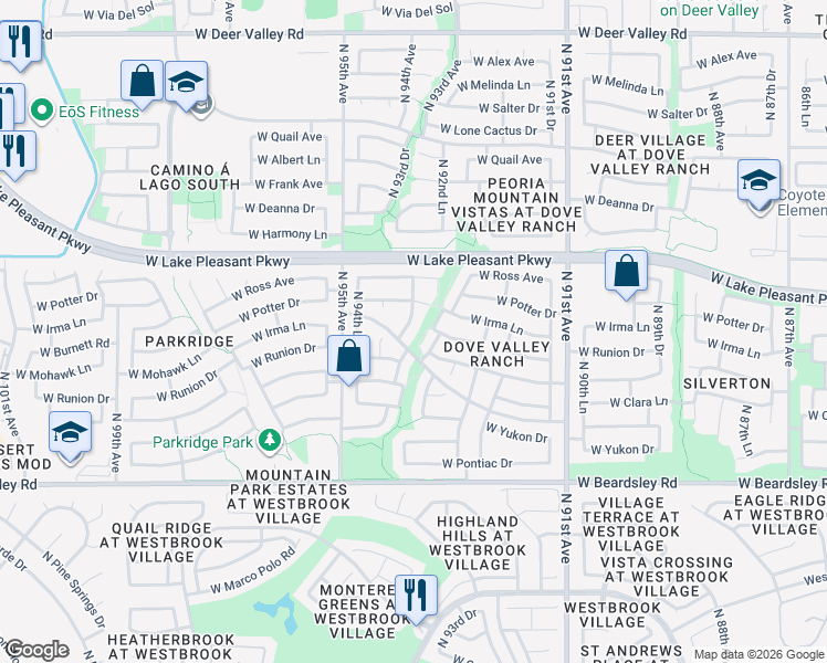 map of restaurants, bars, coffee shops, grocery stores, and more near 2067 North 94th Drive in Peoria