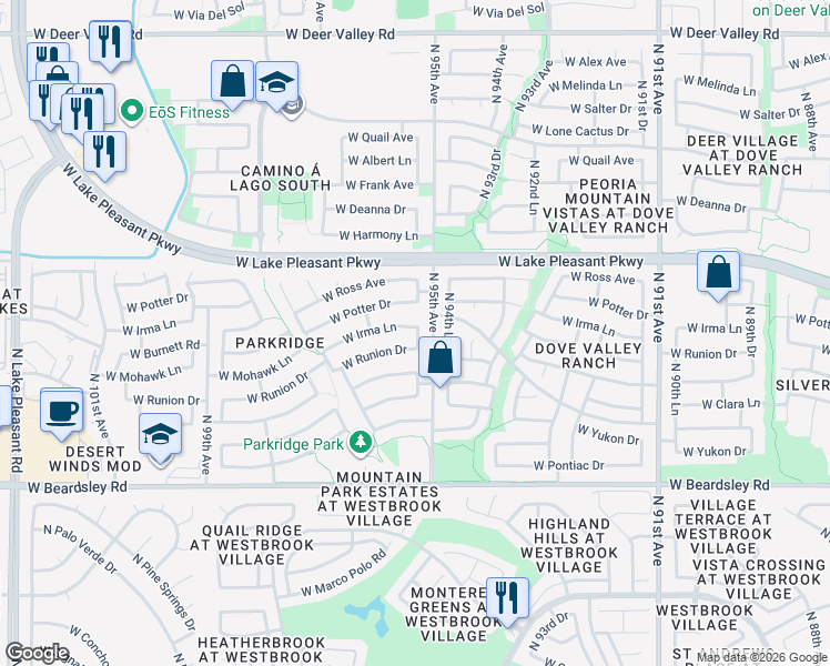 map of restaurants, bars, coffee shops, grocery stores, and more near 9535 West Irma Lane in Peoria
