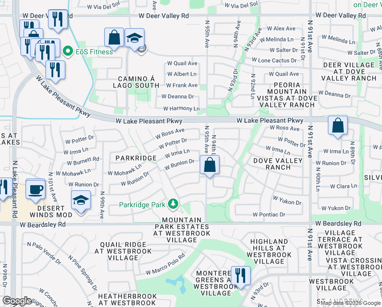 map of restaurants, bars, coffee shops, grocery stores, and more near 9535 West Irma Lane in Peoria