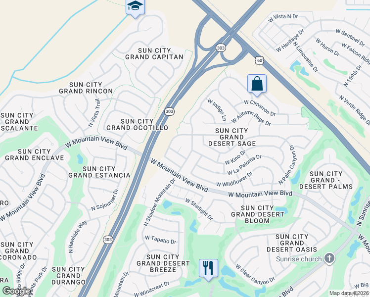 map of restaurants, bars, coffee shops, grocery stores, and more near 20448 North Madera Way in Surprise
