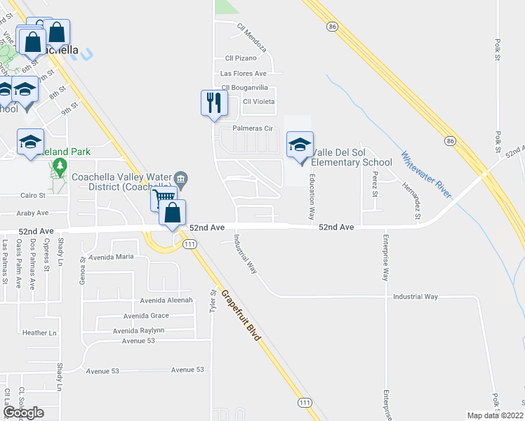 map of restaurants, bars, coffee shops, grocery stores, and more near 51996 Tyler Street in Coachella