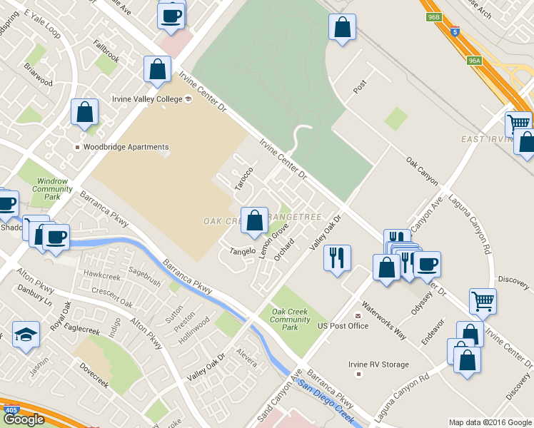 map of restaurants, bars, coffee shops, grocery stores, and more near 85 Orange Blossom in Irvine