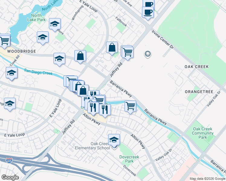 map of restaurants, bars, coffee shops, grocery stores, and more near 452 Shadow Oaks in Irvine