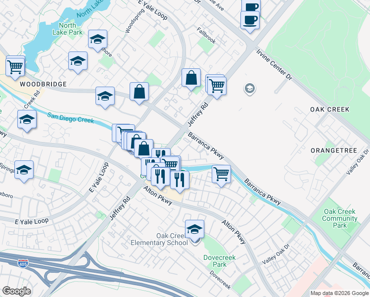 map of restaurants, bars, coffee shops, grocery stores, and more near 452 Shadow Oaks in Irvine