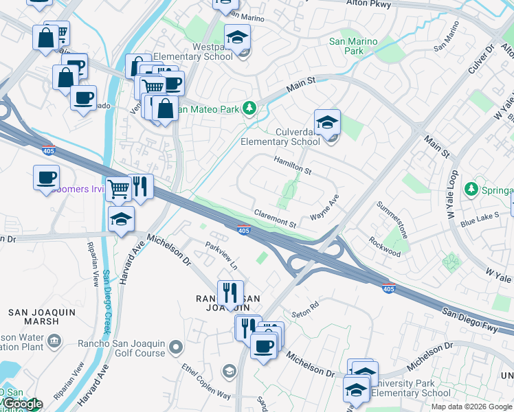 map of restaurants, bars, coffee shops, grocery stores, and more near 2 Carrol Avenue in Irvine