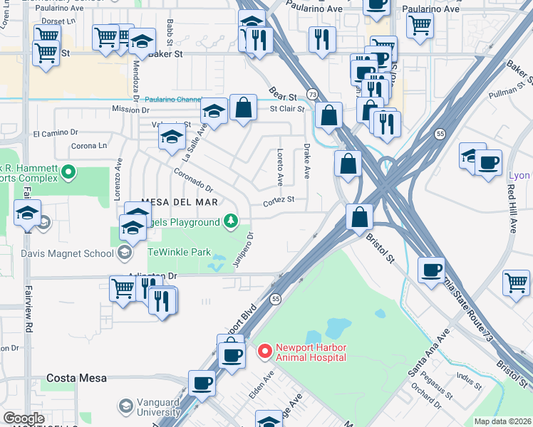 map of restaurants, bars, coffee shops, grocery stores, and more near 892 Presidio Drive in Costa Mesa