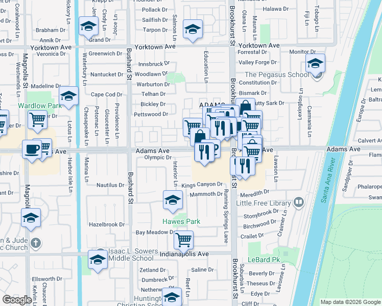 map of restaurants, bars, coffee shops, grocery stores, and more near 9842 Adams Avenue in Huntington Beach