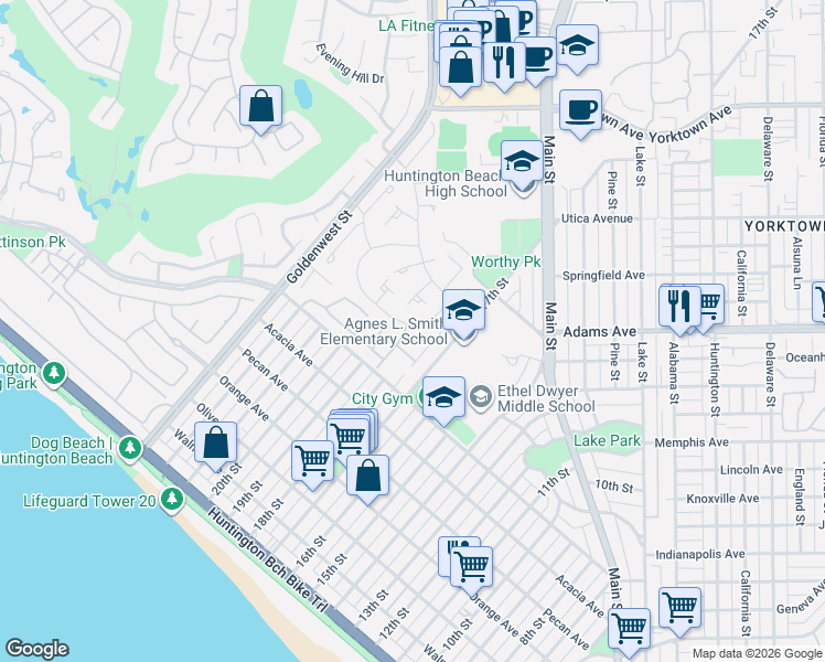 map of restaurants, bars, coffee shops, grocery stores, and more near 7285 Pierpoint Drive in Huntington Beach