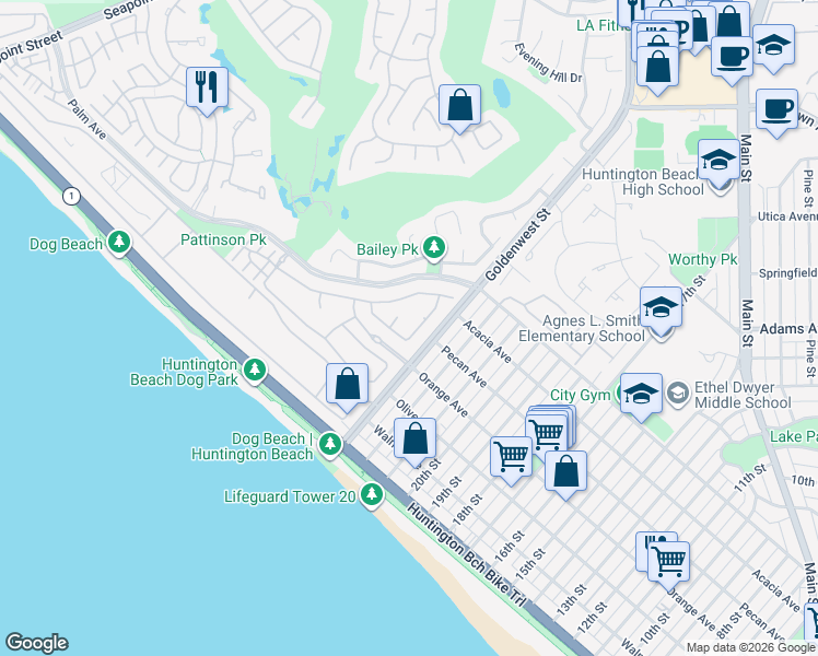 map of restaurants, bars, coffee shops, grocery stores, and more near 6612 Blue Heron Drive in Huntington Beach