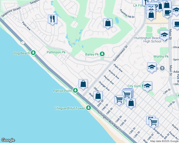 map of restaurants, bars, coffee shops, grocery stores, and more near 6612 Blue Heron Drive in Huntington Beach