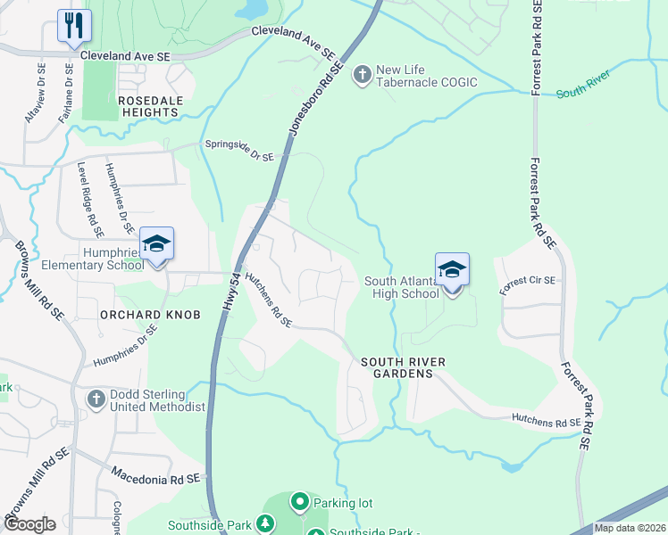 map of restaurants, bars, coffee shops, grocery stores, and more near 646 King Smith Road Southeast in Atlanta