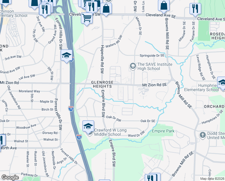 map of restaurants, bars, coffee shops, grocery stores, and more near 3052 Highbury Trail Southwest in Atlanta