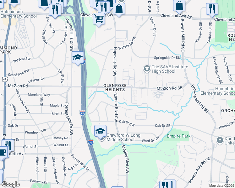 map of restaurants, bars, coffee shops, grocery stores, and more near 3028 Empire Boulevard Southwest in Atlanta