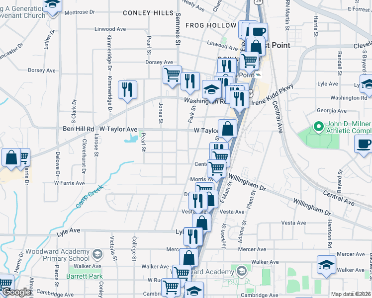 map of restaurants, bars, coffee shops, grocery stores, and more near 3051 Park Street in East Point