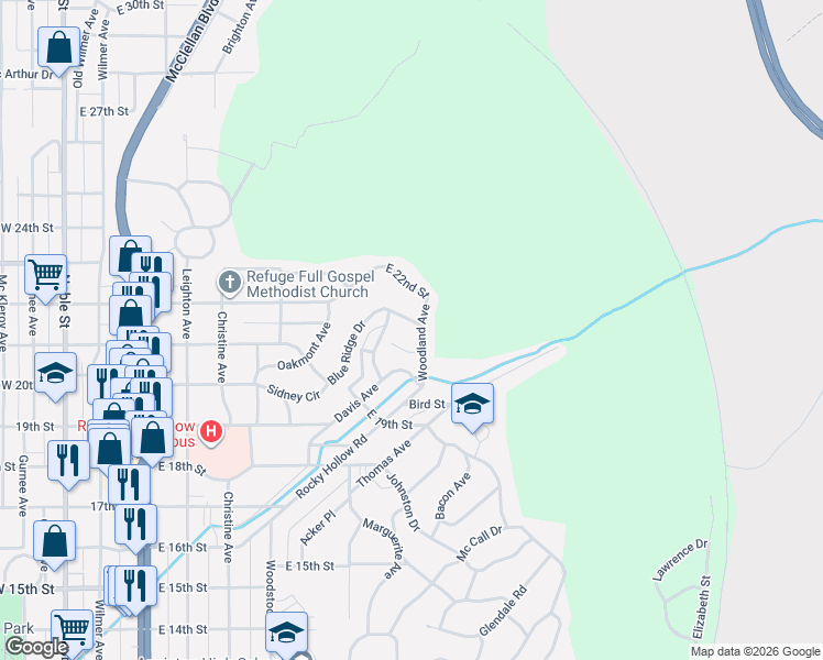 map of restaurants, bars, coffee shops, grocery stores, and more near 2030 Woodland Ave in Anniston