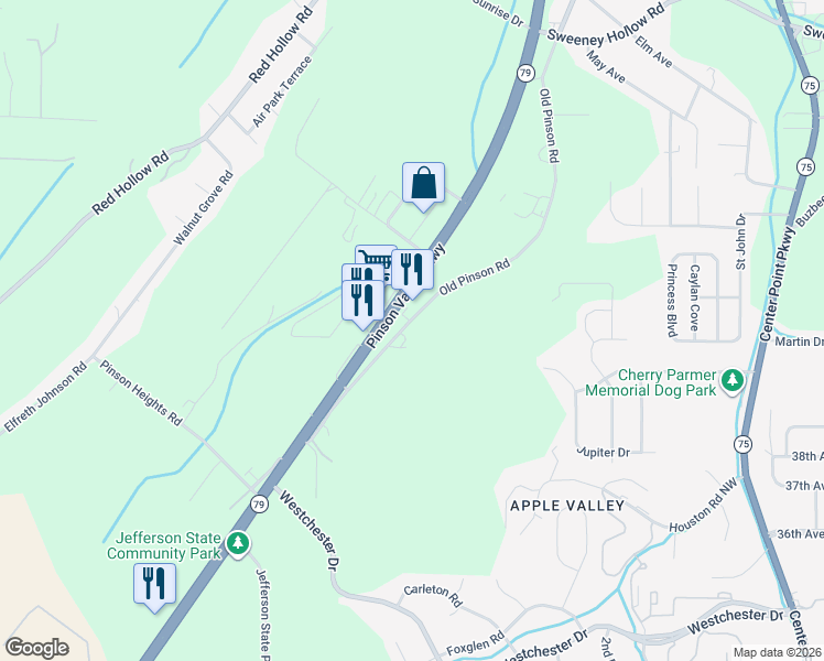 map of restaurants, bars, coffee shops, grocery stores, and more near 5113 Old Pinson Road in Birmingham
