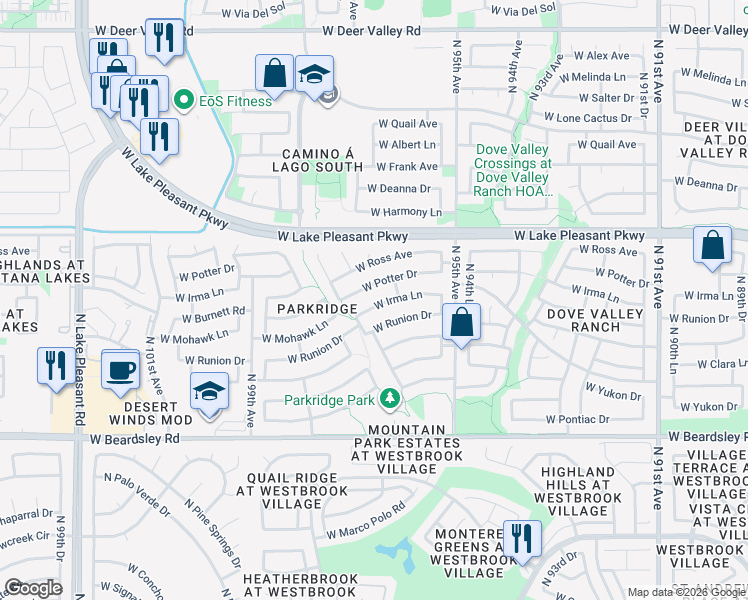 map of restaurants, bars, coffee shops, grocery stores, and more near 9644 West Irma Lane in Peoria