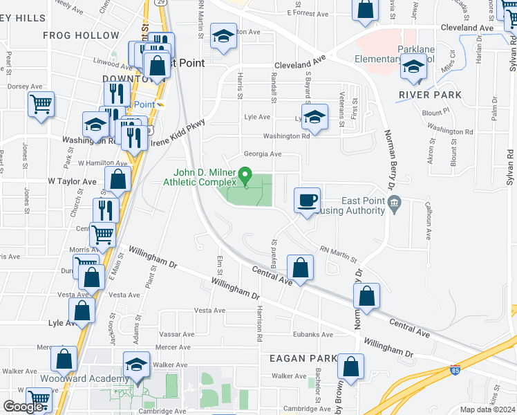 map of restaurants, bars, coffee shops, grocery stores, and more near 3037 R N Martin Street in East Point
