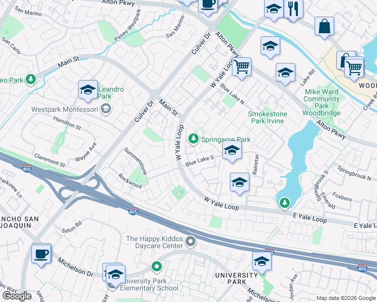 map of restaurants, bars, coffee shops, grocery stores, and more near 57 Claret in Irvine