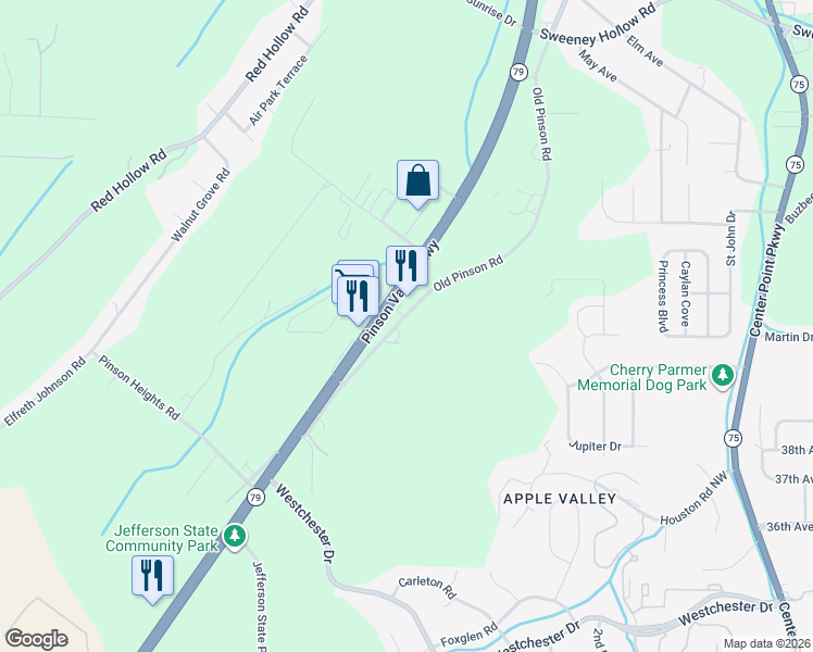 map of restaurants, bars, coffee shops, grocery stores, and more near 5113 Old Pinson Road in Birmingham