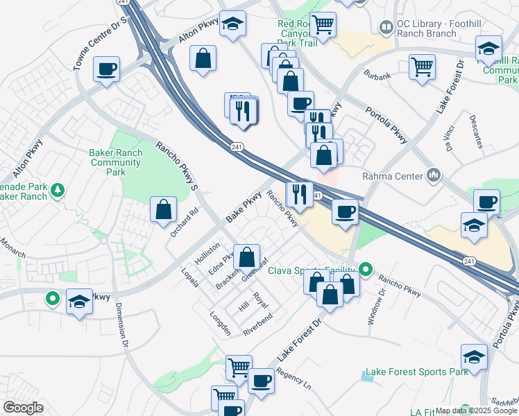 map of restaurants, bars, coffee shops, grocery stores, and more near 120 Chapman in Lake Forest